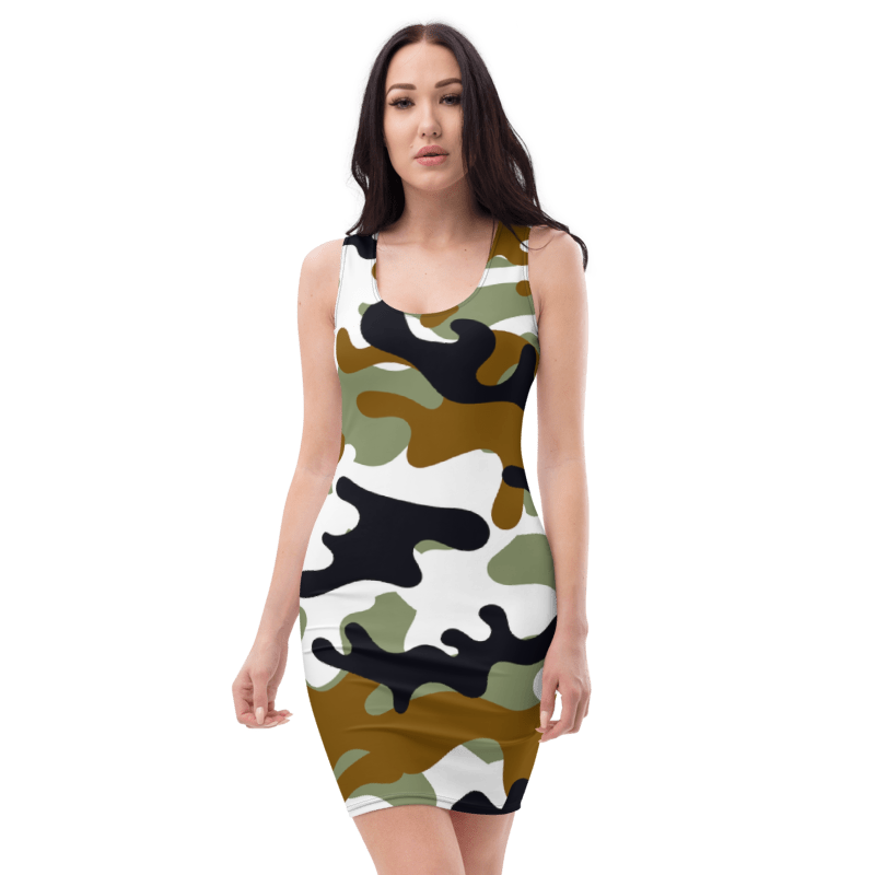 Welcome to this Women's & Girls Combat ready Camo or camouflage Sleeveless Pattern print Body Con Dress Designed by UK Artist & Fashion Designer Christopher Beever available in all girls & women's dress sizes and in a growing range of camo or camouflage design's only found in the eager beever photo clothing shop.