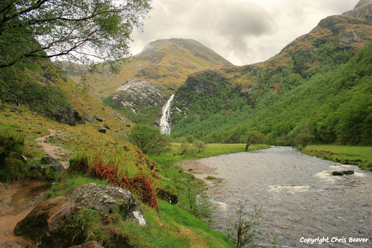 Glen Nevis & Steall Falls Scotland UK Landscape art and home office décor by UK Landscape Artist and Photographer Christopher Beever Available as a S to XXXL Canvas, poster, aluminium, wooden, Acrylic, fine art poster, framed, print, wall art or as a Cushion, sofa throw or blanket in the Eager Beever Printing Shop. 