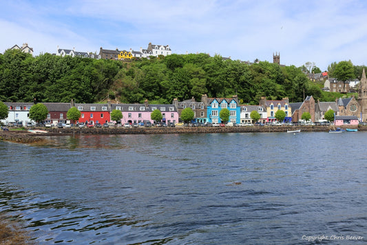 Tobermory & Lighthouse Isle of Mull Scotland Landscape wall art, paintings, home office décor by Wigan UK Landscape Artist Chris Beever Available as a S to XXXL framed, Canvas, poster, aluminium, wooden, Acrylic, print, wall art, Cushion, sofa throw, blanket, wall paper mural & more in the Eager Beever Printing Shop. 