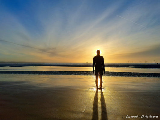 Antony Gormley`s out there Crosby Liverpool Merseyside Landscape print wall art and home office décor by Wigan UK Landscape Artist and Photographer Christopher Beever Available as a S to XXL landscape, Canvas, poster, aluminium, wooden, Acrylic, framed, print, wall art, Cushion, sofa throw, blanket, wall mural & more. 