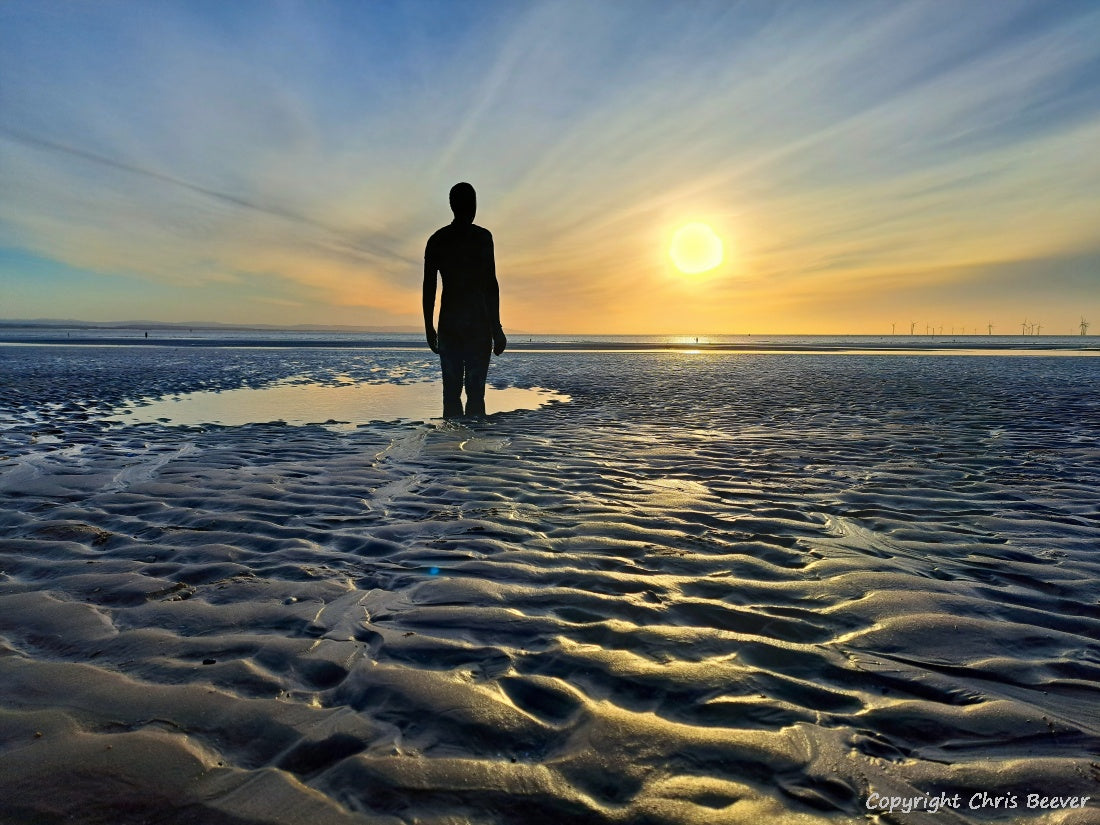 Antony Gormley`s Another Place Crosby Liverpool Merseyside Landscape print wall art and home office décor by Wigan UK Landscape Artist and Photographer Christopher Beever Available as a S to XXL landscape, Canvas, poster, aluminium, wooden, Acrylic, framed, print, wall art, Cushion, sofa throw, blanket, wall mural & more. 