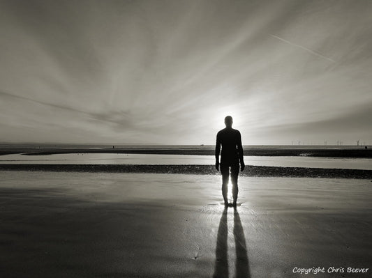 Antony Gormley`s Another Place Crosby Liverpool Merseyside Landscape print wall art and home office décor by Wigan UK Landscape Artist and Photographer Christopher Beever Available as a S to XXL landscape, Canvas, poster, aluminium, wooden, Acrylic, framed, print, wall art, Cushion, sofa throw, blanket, wall mural & more. 