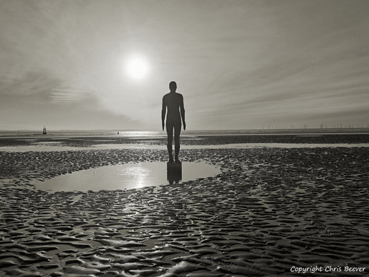 Antony Gormley`s Another Place Crosby Liverpool Merseyside Landscape print wall art and home office décor by Wigan UK Landscape Artist and Photographer Christopher Beever Available as a S to XXL landscape, Canvas, poster, aluminium, wooden, Acrylic, framed, print, wall art, Cushion, sofa throw, blanket, wall mural. 