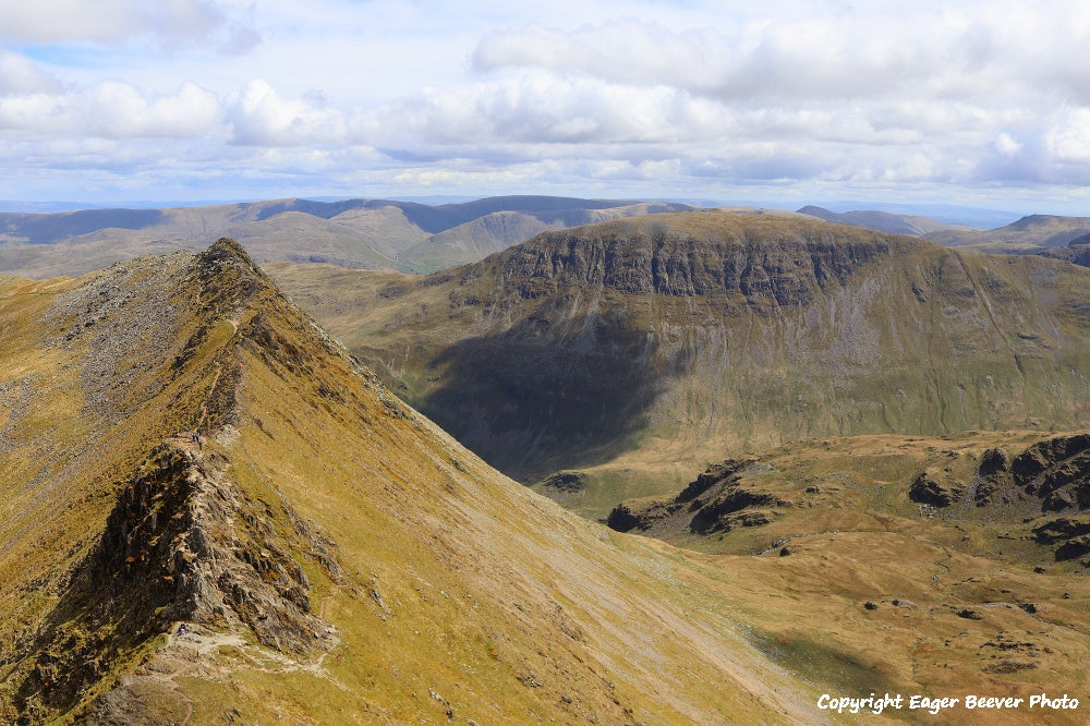 Helvellyn Striding Edge & Swirral Edge Lake District Cumbria UK Landscape art and home office décor by Artist and Photographer Christopher Beever Available as a S to XXXL, Canvas, poster, aluminium, wooden, Acrylic, framed, print, wall art or as a Cushion, sofa throw, blanket & More in the Eager Beever Printing Shop. 